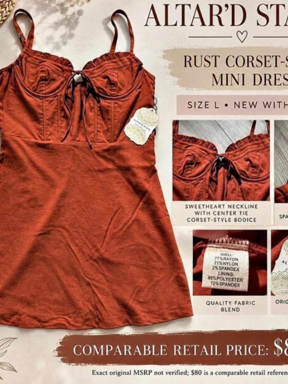 Altar'd State Rust Corset Style Mini Dress L NWT